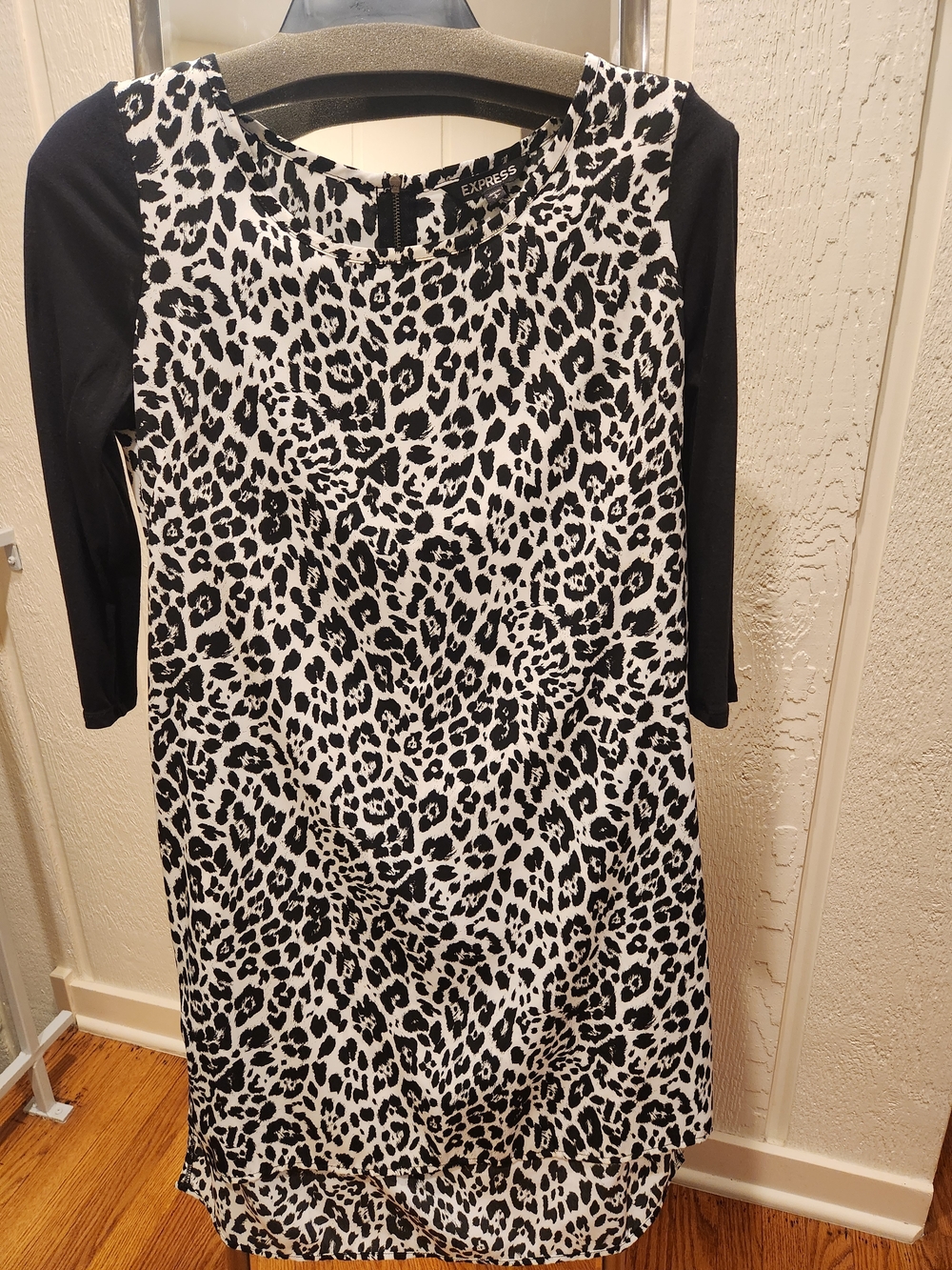 Express Black and White Leopard Shift Dress with Black Sleeves